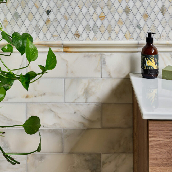 Palazzo Oro Marble Honed Diamond Mosaic, Brick and Dado Moulding